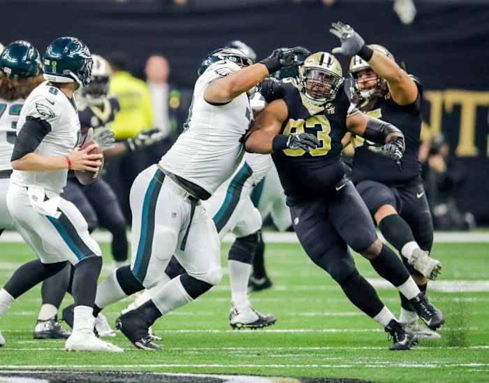 Saints DT David Onyemata (93) rushes against the Philadelphia Eagles. Credit: Nola.com